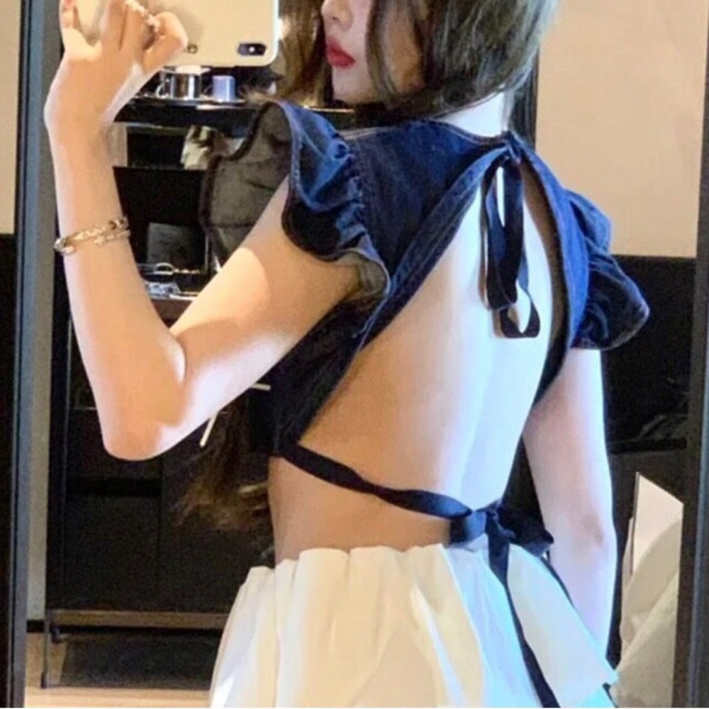 Ruffle Sleeve Open-Back Lace-Up Denim Crop Top